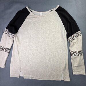 Honeyme Shirt Womens Large Beige Black Leopard Block Long Sleeve Soft Top USA